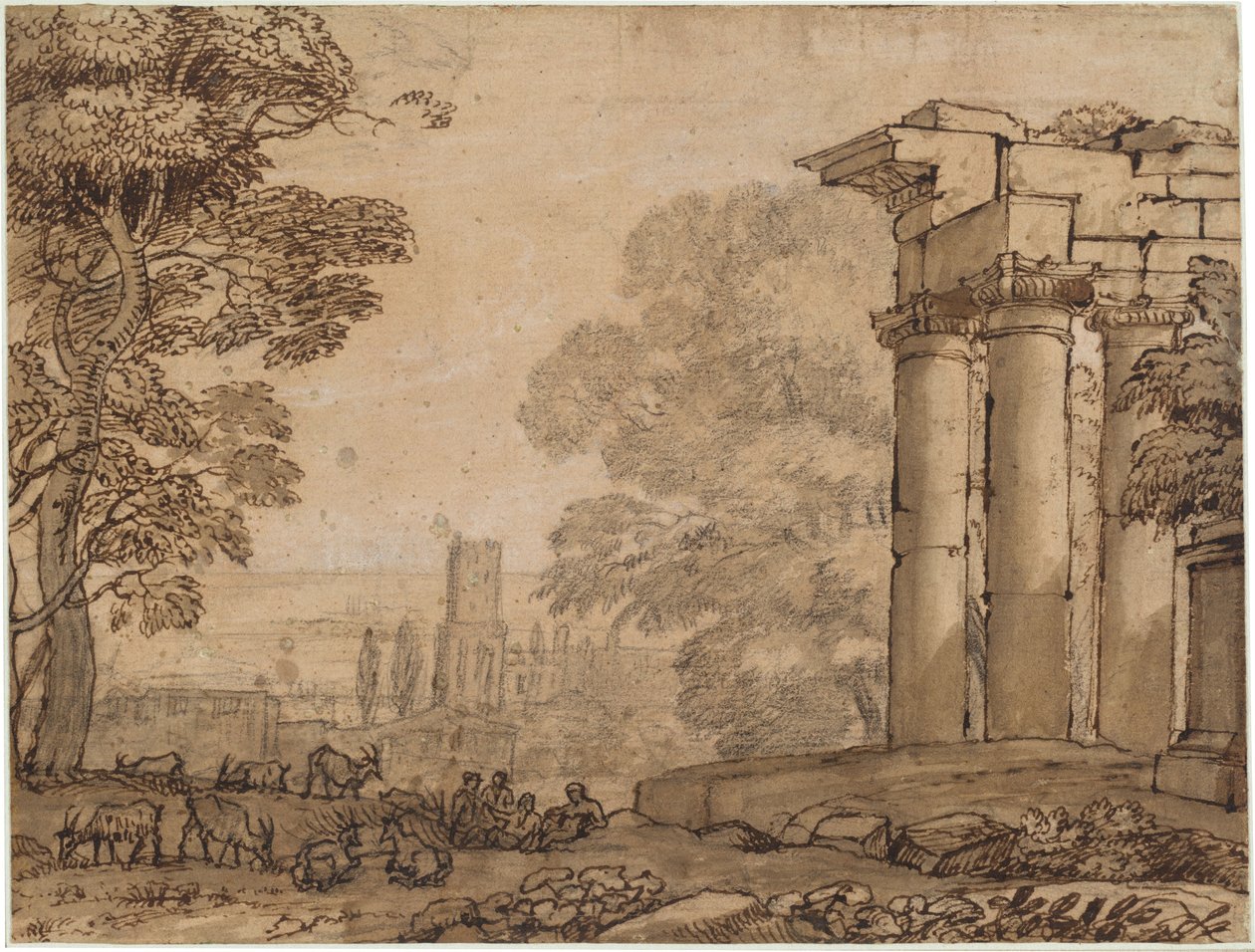 Landschap met Ruïnes, Pastorale Figuren en Bomen door Claude Lorrain