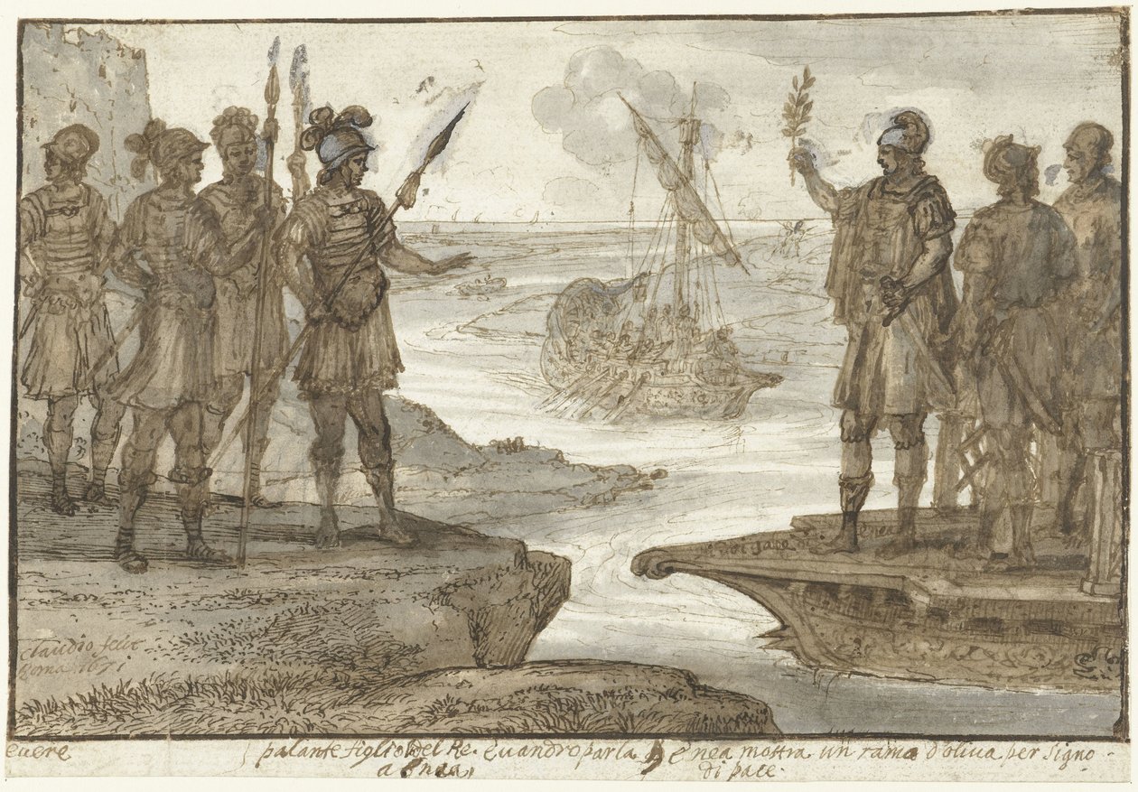 Ontmoeting van Aeneas met Pallas, de zoon van Euander door Claude Lorrain