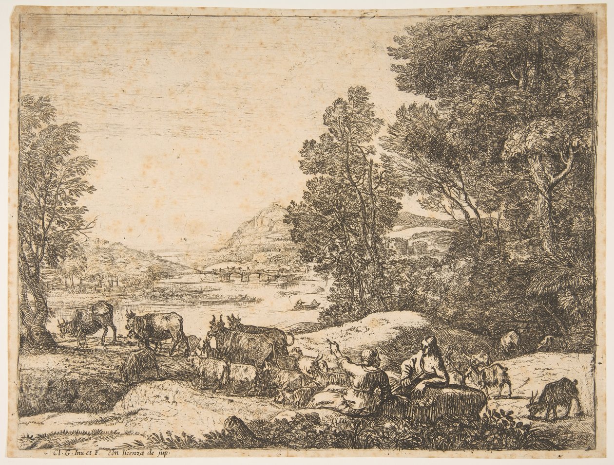 Herder en Herderin die Gesprekken Voeren in een Landschap, ca. 1651 door Claude Lorrain