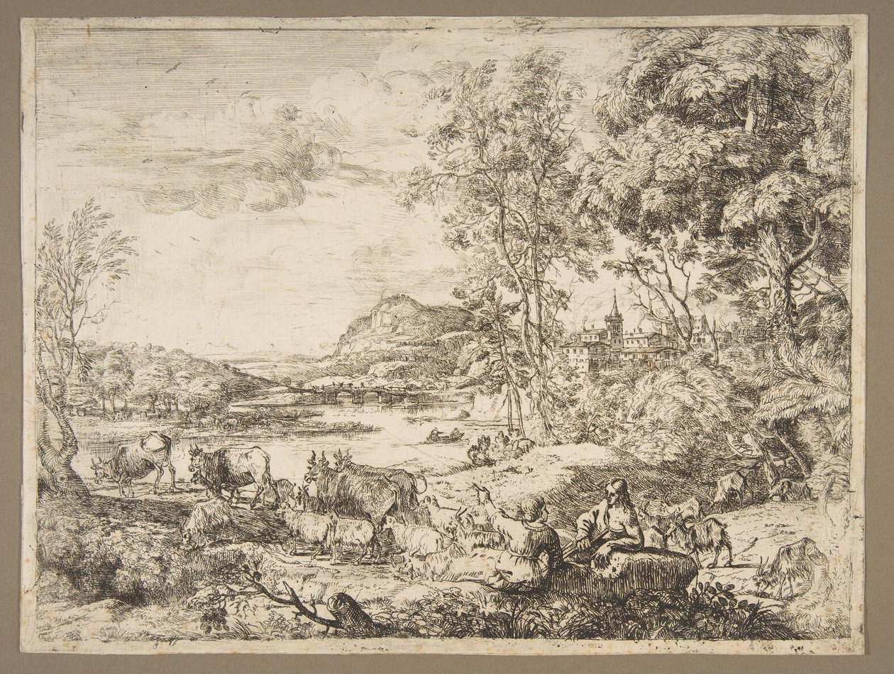 Herder en herderin in gesprek in een landschap, ca. 1651 door Claude Lorrain