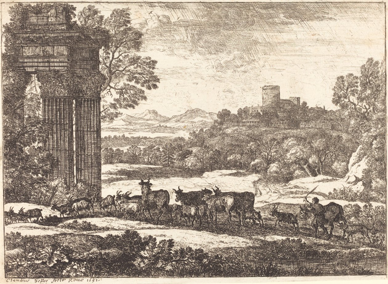 De kudde keert terug in stormachtig weer (Le troupeau en marche par un temps orageux) door Claude Lorrain