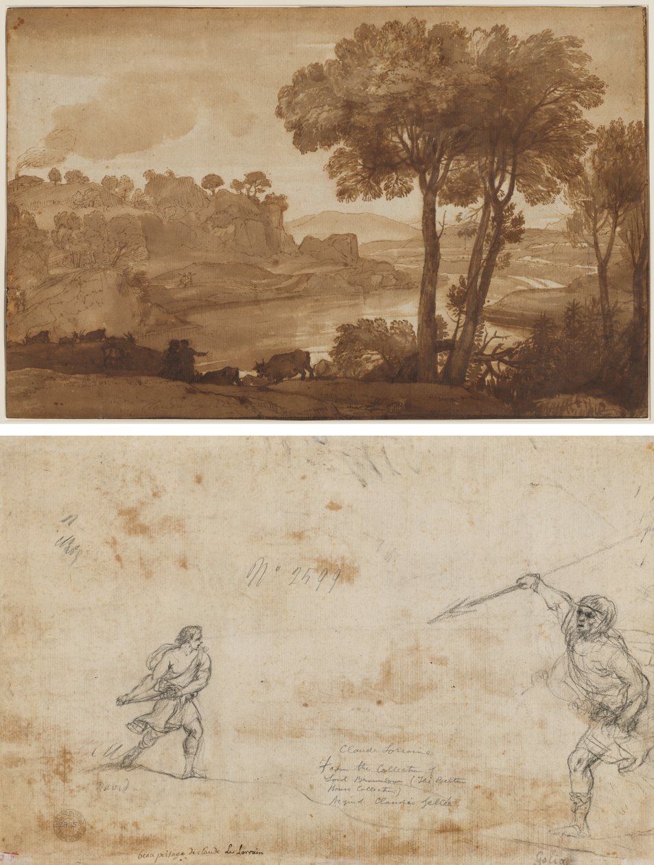 Uitzicht op de Acqua Acetosa (recto); David en Goliath (verso) door Claude Lorrain
