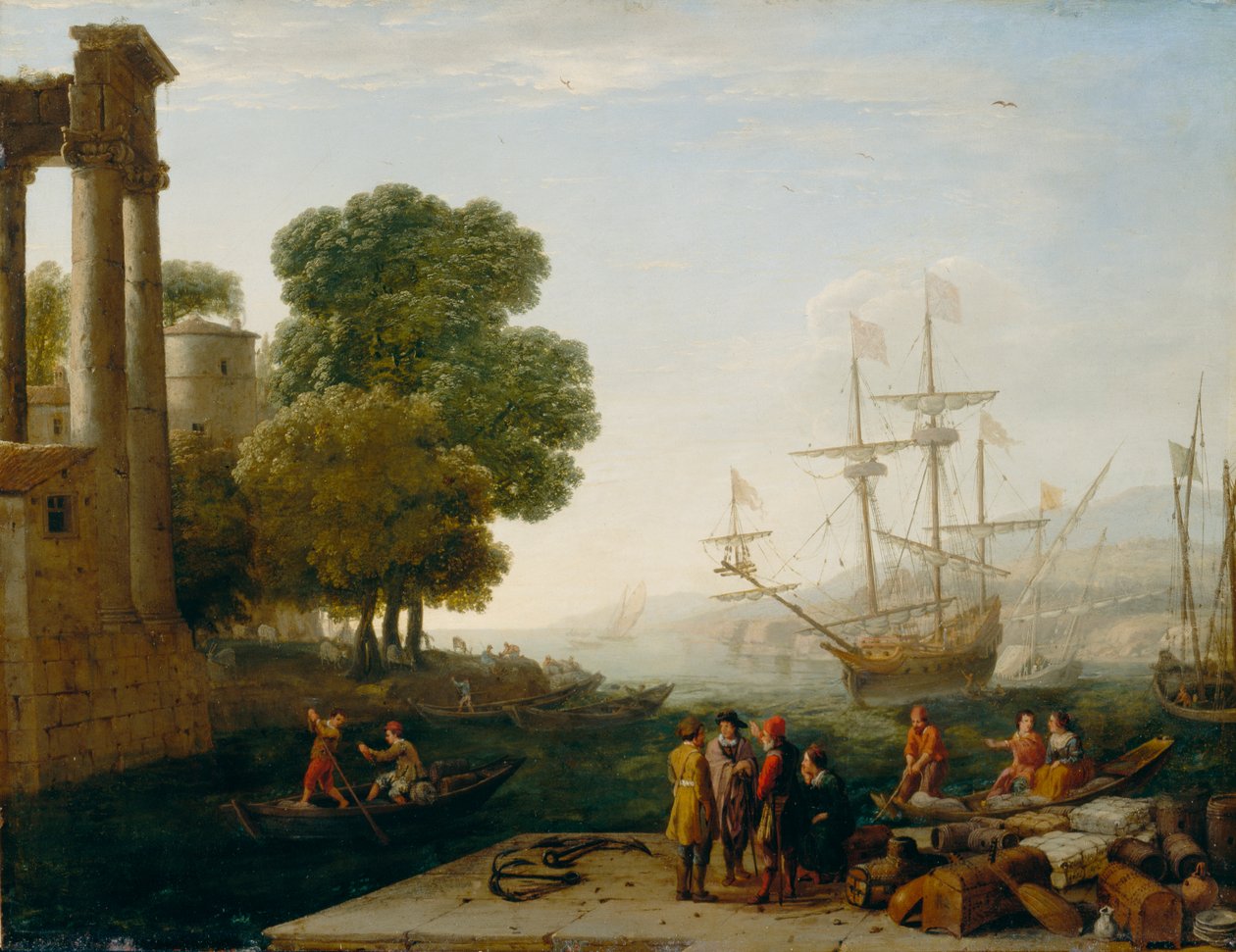 Een haven bij zonsondergang, 1643 door Claude Lorrain