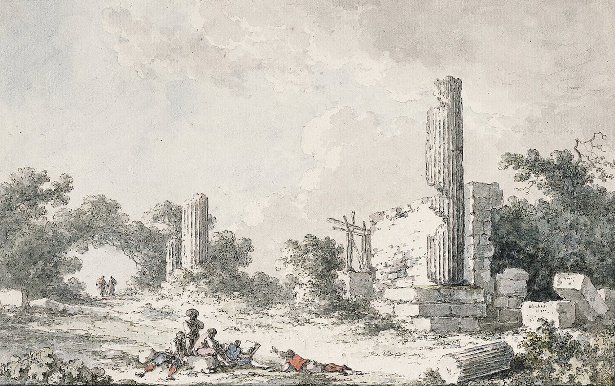 De ruïnes van de Tempel van Castor en Pollux, Agrigento, met kunstenaars die schetsen door Claude Louis Chatelet