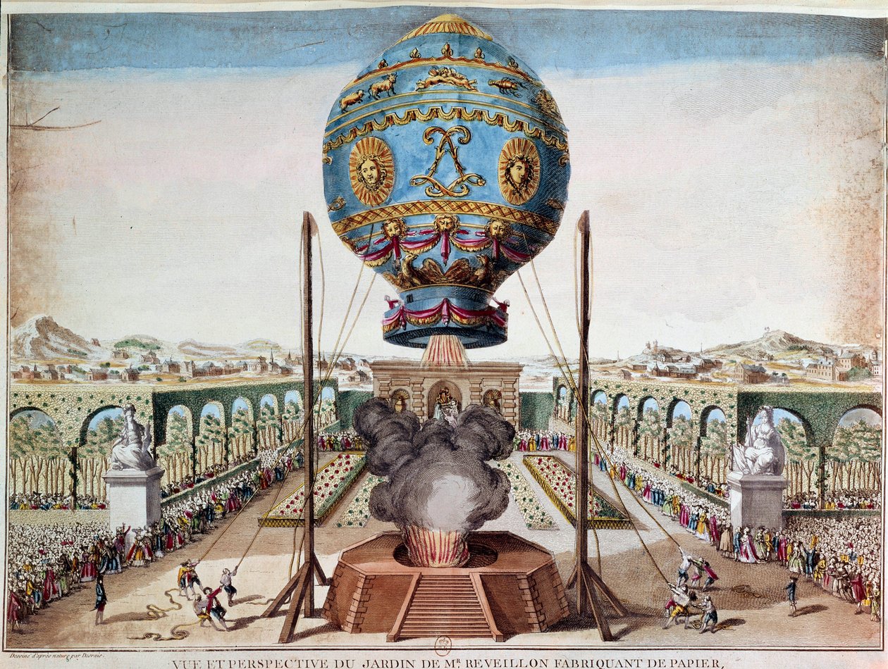 Ervaring van de Montgolfiere broers op 19 oktober 1783 in de tuin van Monsieur Reveillon, faubourg Saint Antoine in Parijs. Gravure door Desrais Claude Louis Desrais (1746-1816) door Claude Louis Desrais