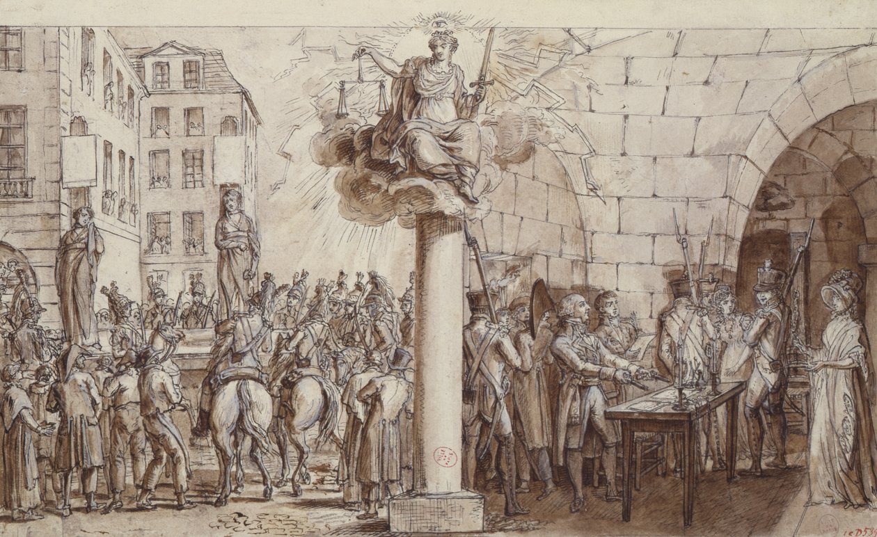 De weduwe Morin en haar dochter Angelique Delaporte in de Conciergerie en gestraft met publiekelijk boeien voor het misdrijf van afpersing met geweld van handtekeningen, 1812 door Claude Louis Desrais