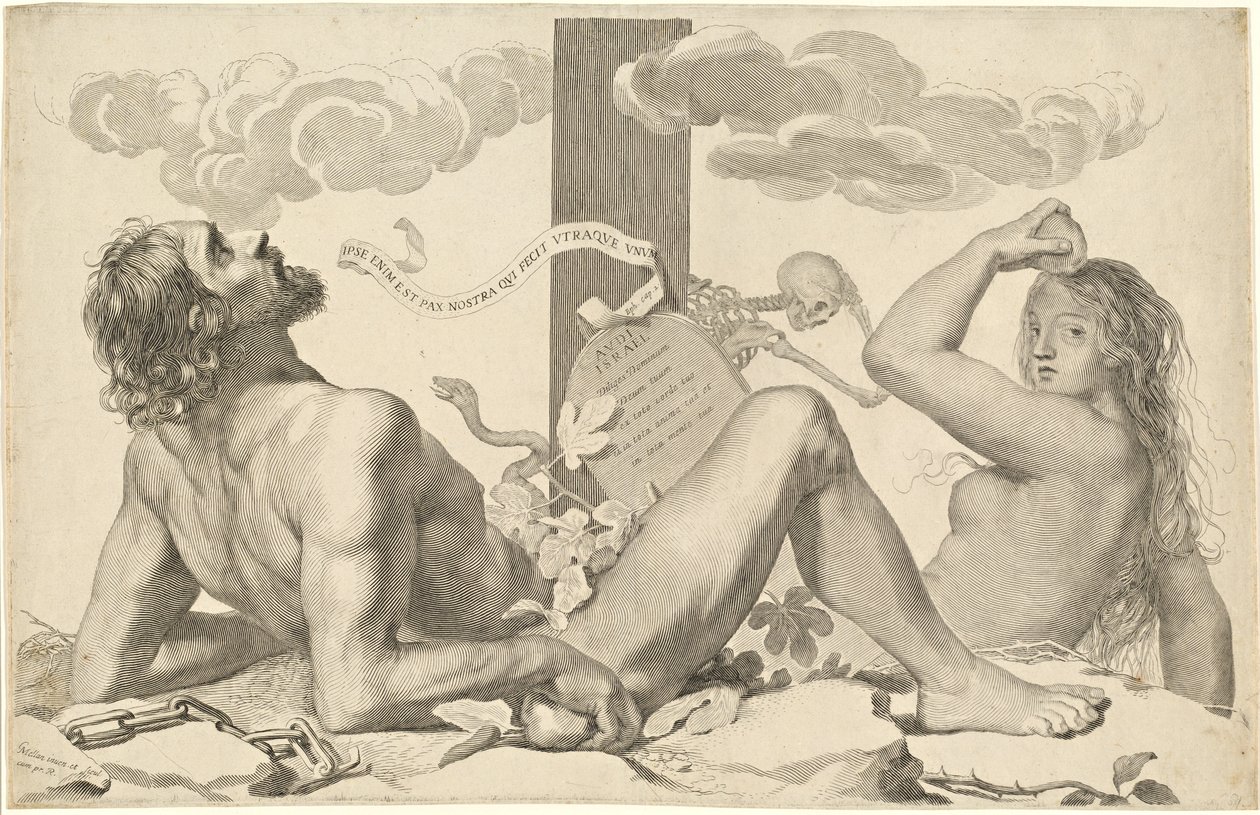Adam en Eva aan de voet van het kruis door Claude Mellan