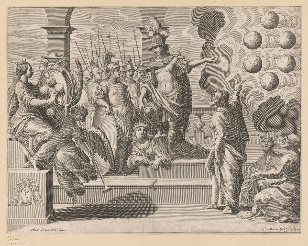 Allegorie met soldaten en het wapenschild van de Medicis door Claude Mellan