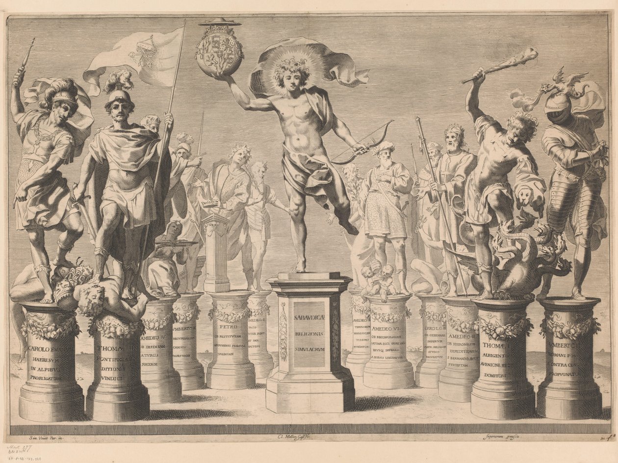 Allegorie ter ere van het huis Savoye met legendarische figuren op sokkels door Claude Mellan