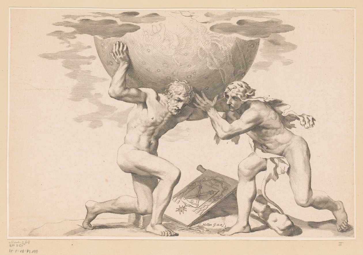 Atlas geeft de hemelbol aan Hercules door Claude Mellan