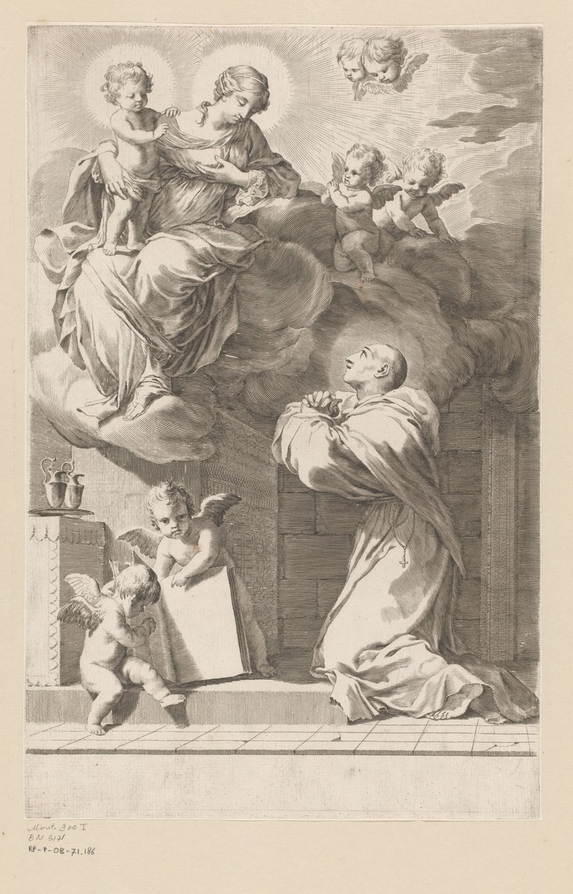 H. Bernard knielend voor een verschijning van Maria met Kind door Claude Mellan