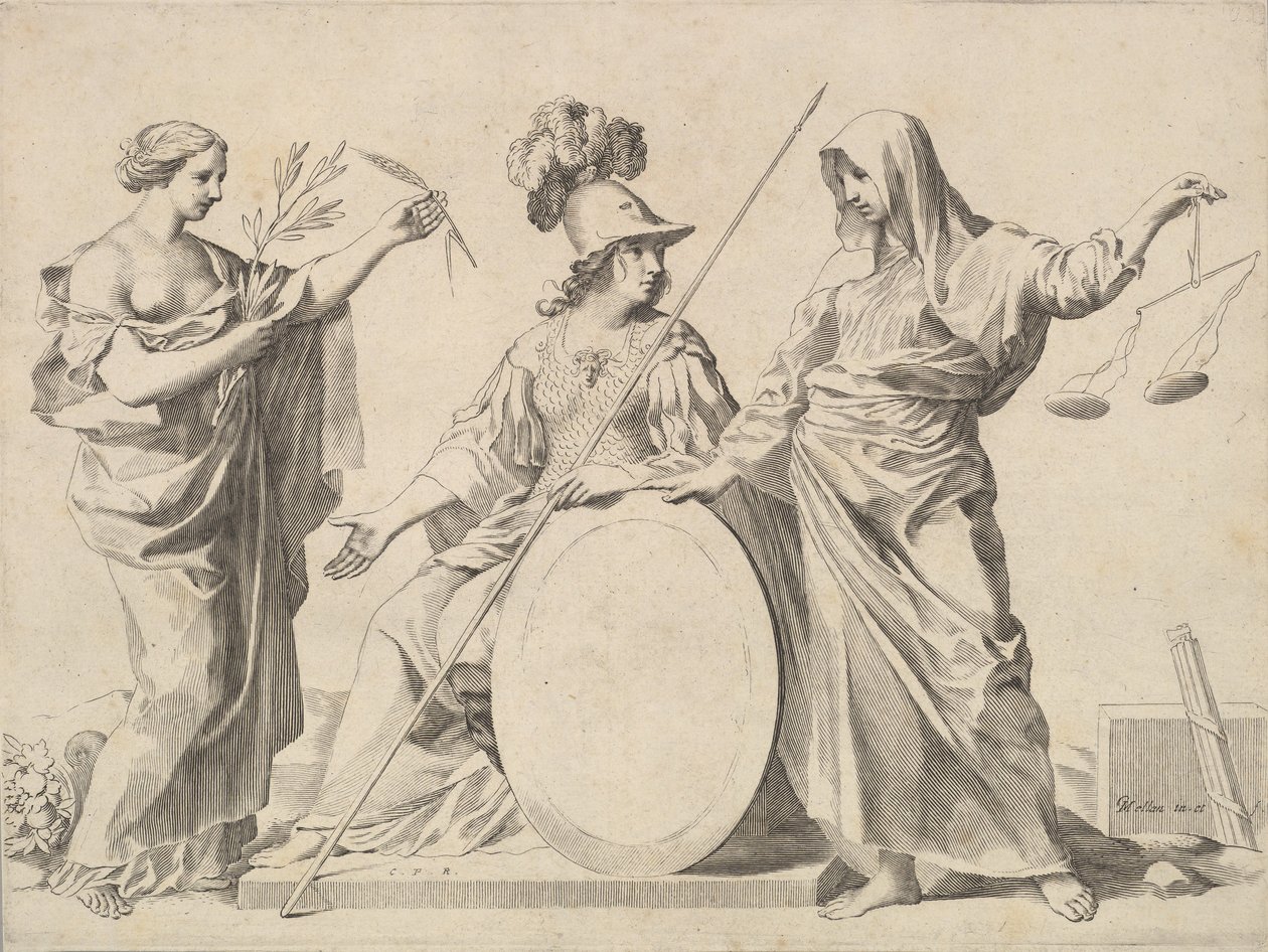 Minerva geflankeerd door Vrede en Gerechtigheid Armoiries de Gallard et de Mesmes door Claude Mellan