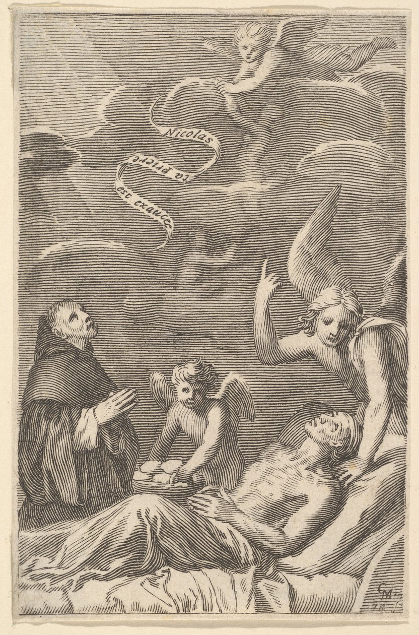 St. Nicolaas bidt voor een stervende man door Claude Mellan