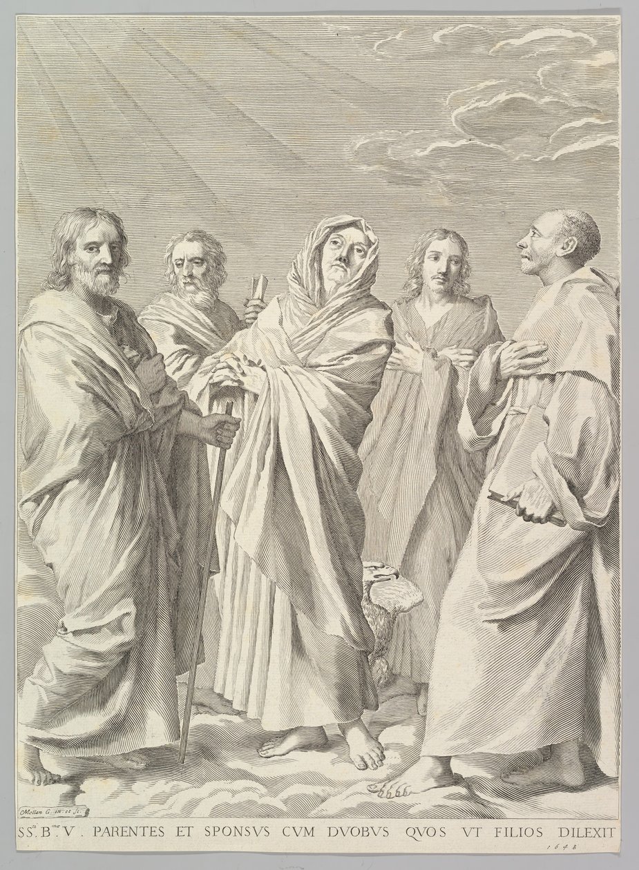 St. Anna, Jozef, Joachim, Bernard en Johannes de Evangelist Parenté de la Vierge door Claude Mellan
