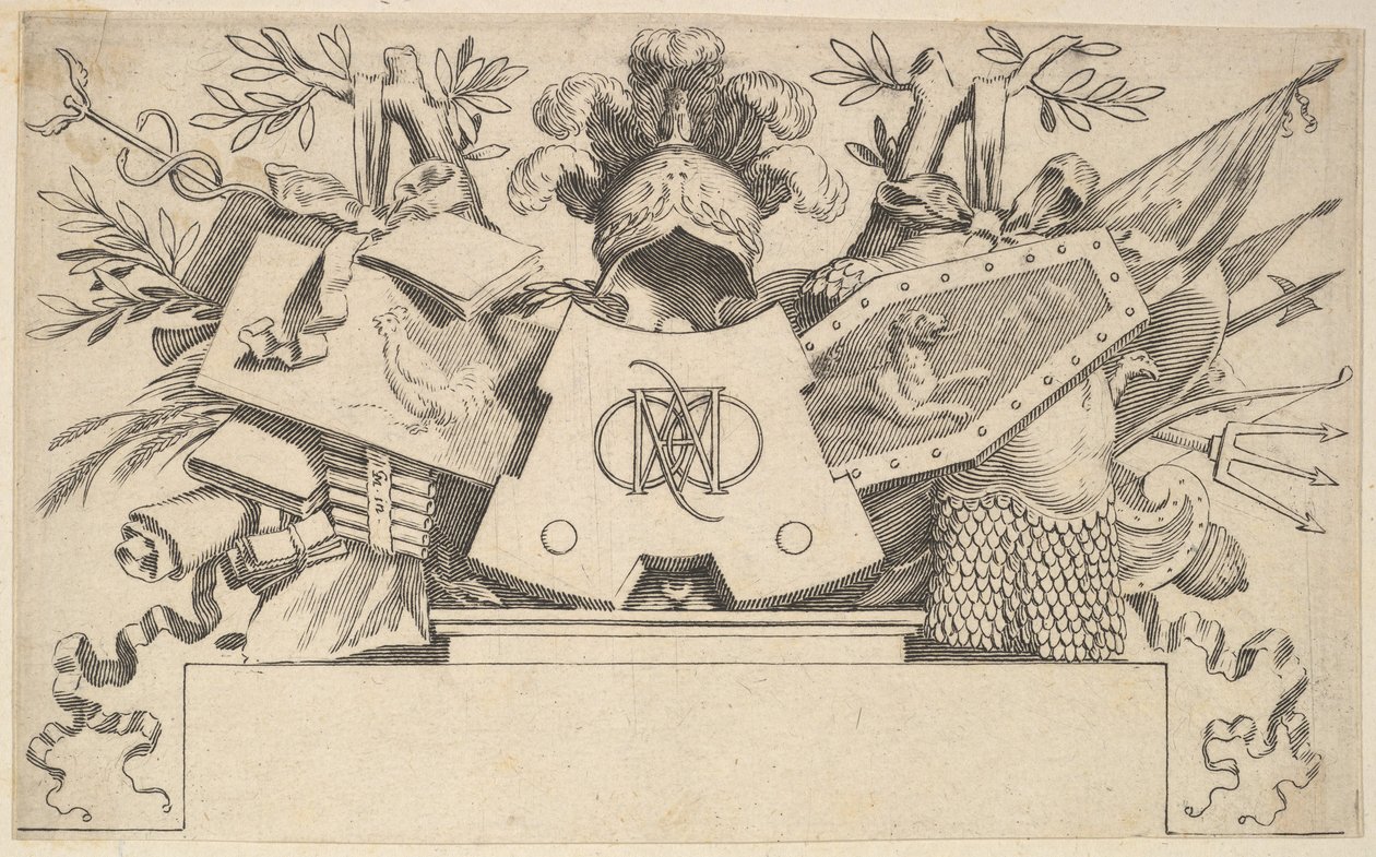Trofee met monogram met de letters van LEONARDOS, 1651 door Claude Mellan