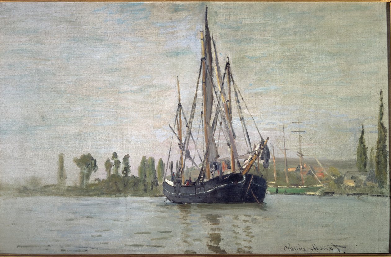 Franse chase-maree voor anker (bij Rouen) door Claude Monet