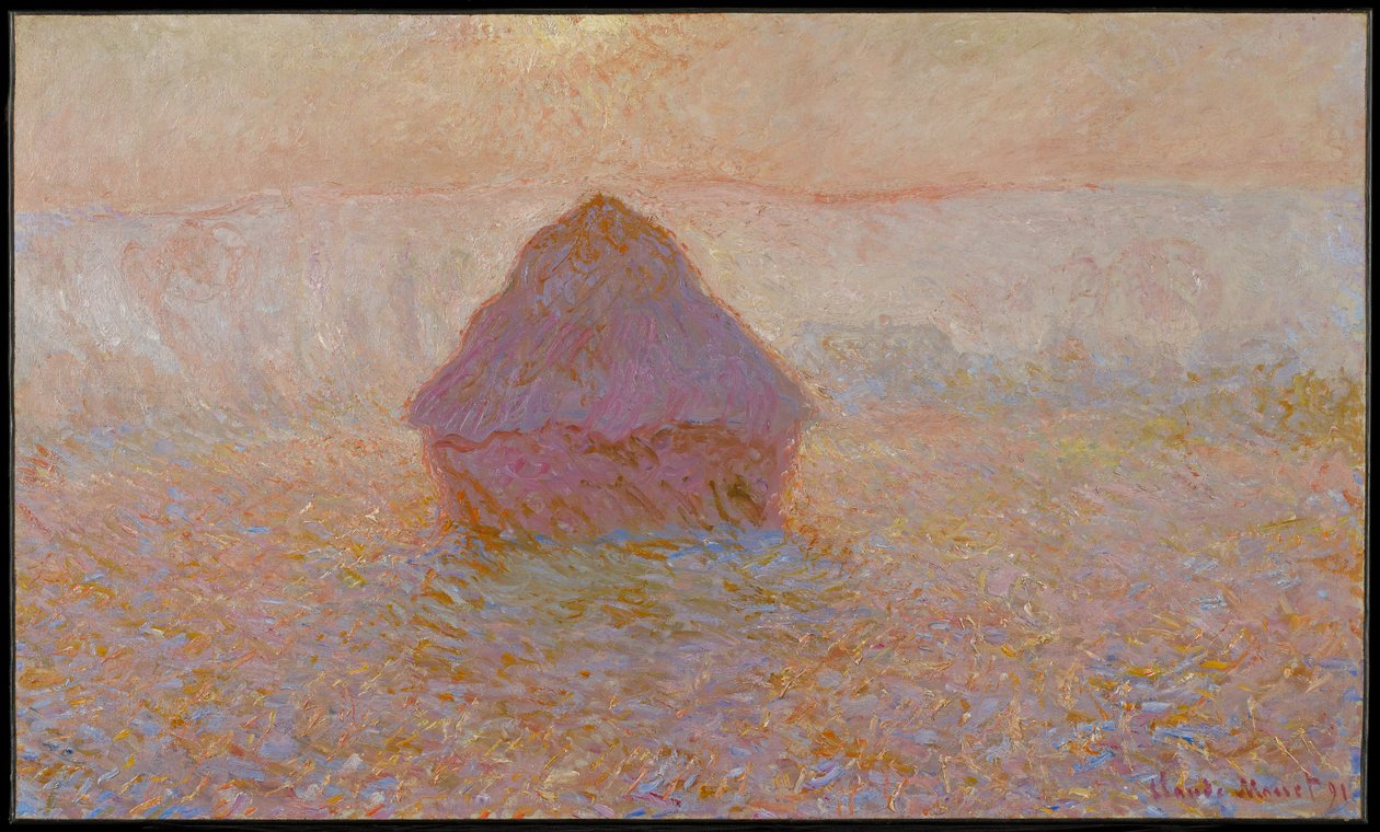 Graanhoop, zon in de mist door Claude Monet