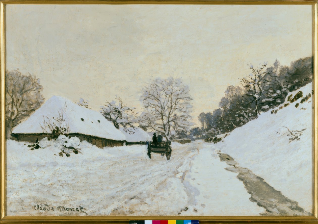 De kar. Weg onder de sneeuw in Honfleur door Claude Monet