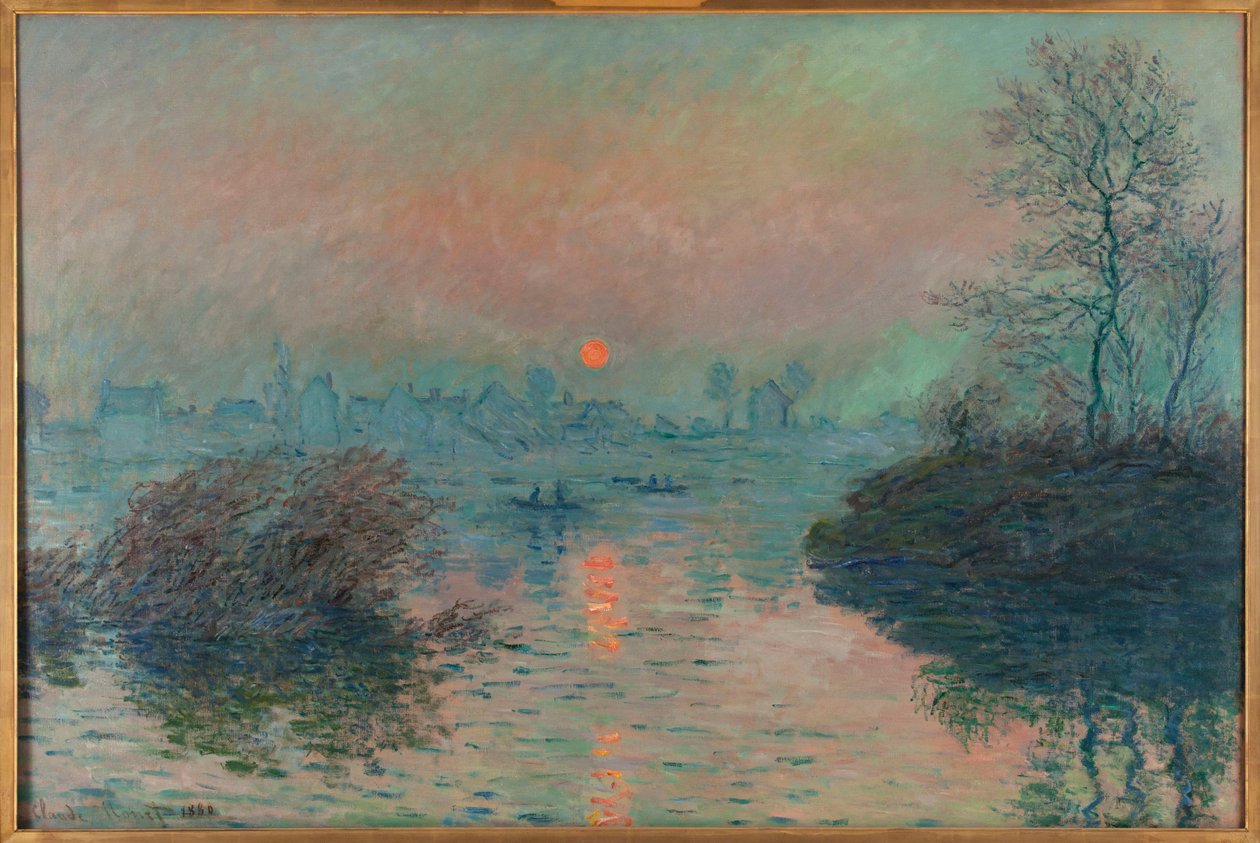 Zonsondergang boven de Seine bij Lavacourt, winterachtig effect door Claude Monet