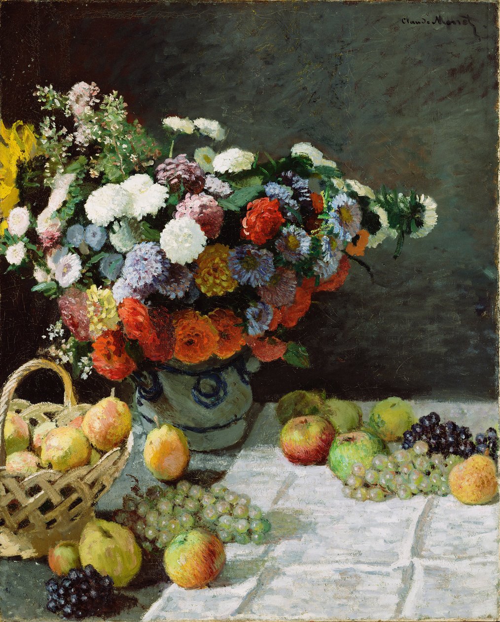 Stilleven met bloemen en fruit door Claude Monet