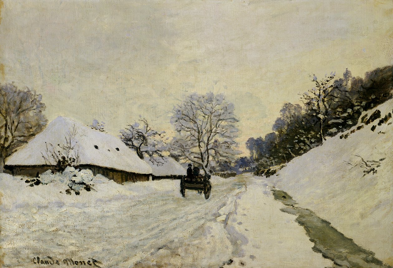 De kar, of weg onder sneeuw in Honfleur, 1865 door Claude Monet