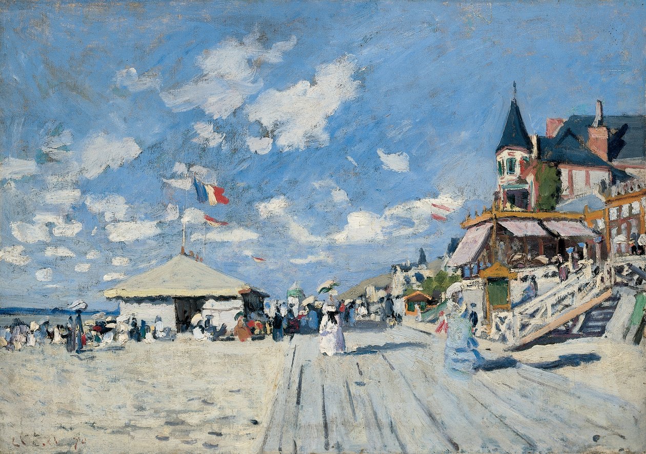 De promenade op het strand van Trouville door Claude Monet