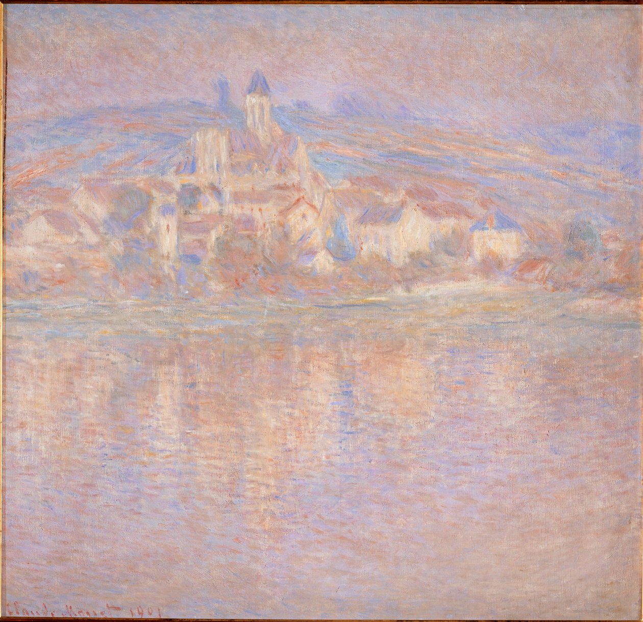 Vetheuil, zonsondergang (schilderij op doek) door Claude Monet