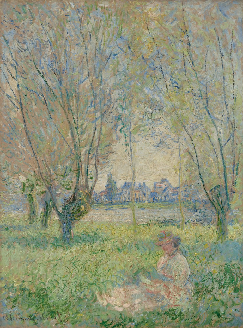 Vrouw zittend onder de wilgen door Claude Monet