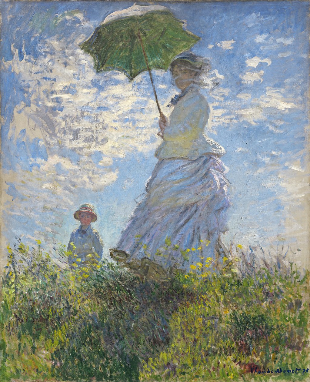 Vrouw met een parasol - Madame Monet en haar zoon door Claude Monet