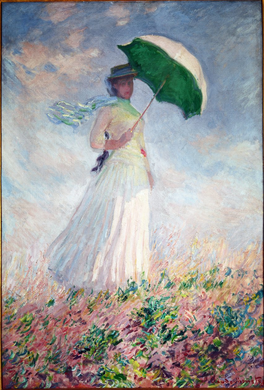 Vrouw met een parasol naar rechts gedraaid door Claude Monet