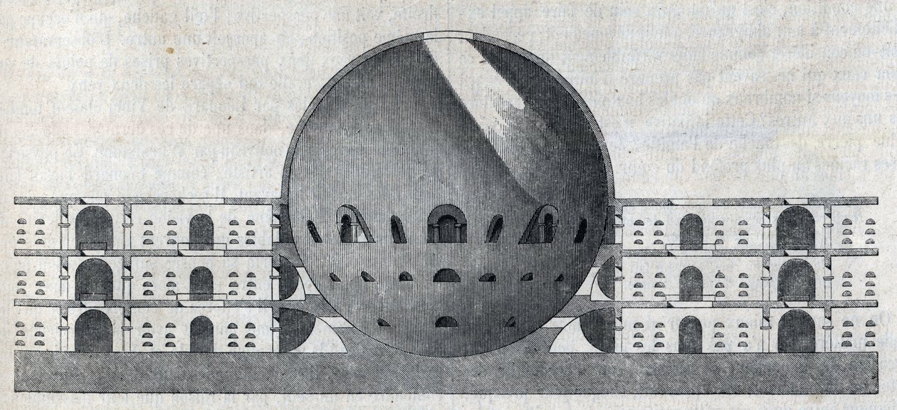 Dwarsdoorsnede van een begraafplaatsplan voor de stad Chaux door Claude Nicolas Ledoux (1736-1806). door Claude Nicolas Ledoux