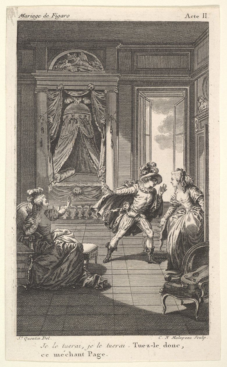 Een man leunt naar een vrouw die in een deuropening staat aan de rechterkant, links een zittende vrouw die haar hand opheft..., ca. 1784 door Claude Nicolas Malapeau