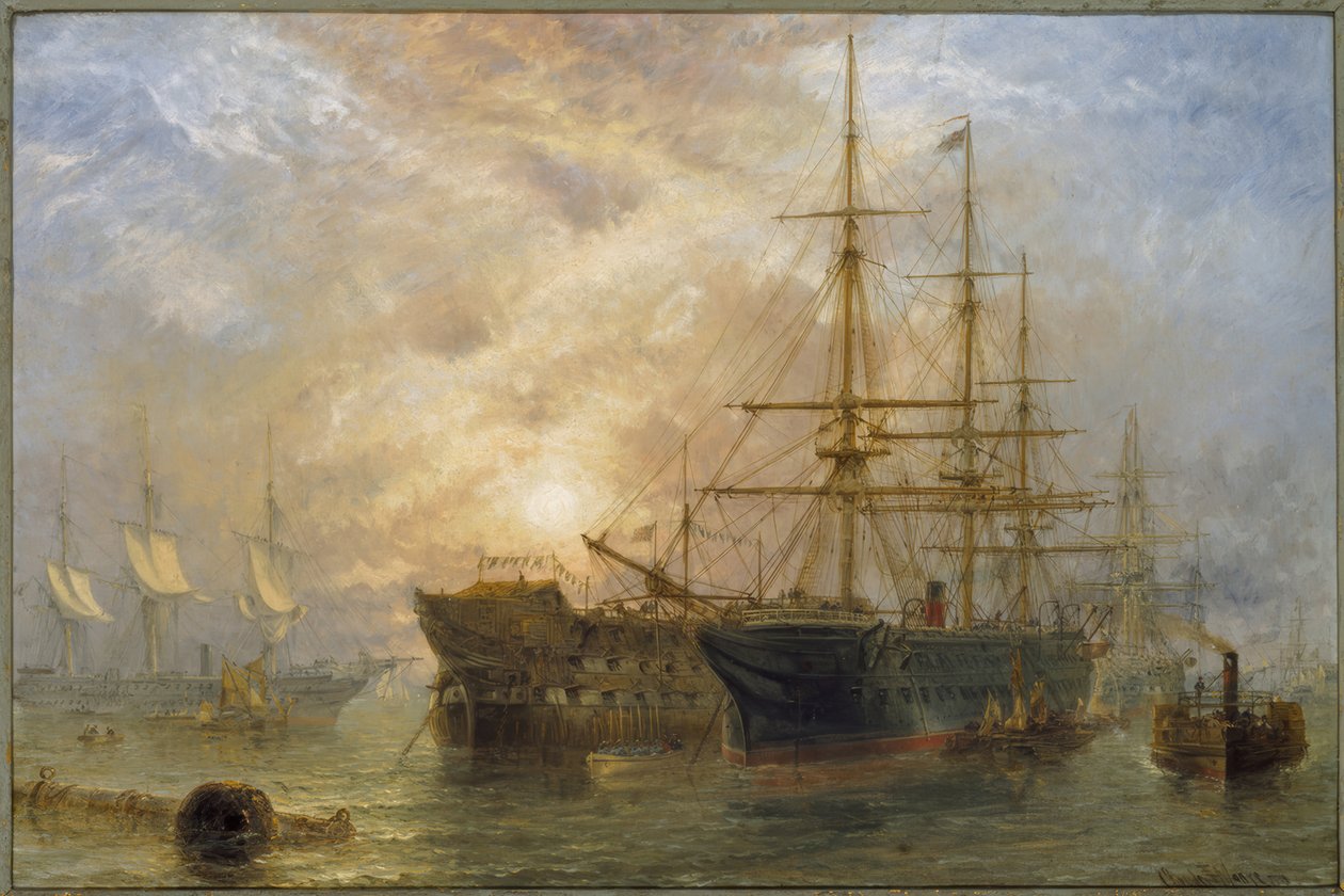De troepenschepen van Hare Majesteit ontvangen voorraden in Portsmouth door Claude T. Stanfield Moore
