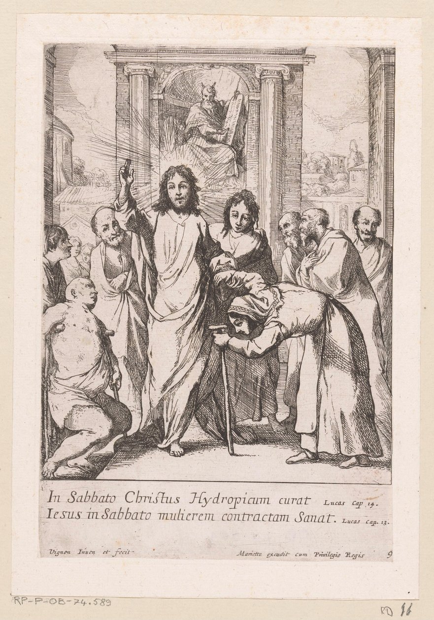 Genezing van de lamme man en de kromme vrouw op sabbat door Claude Vignon