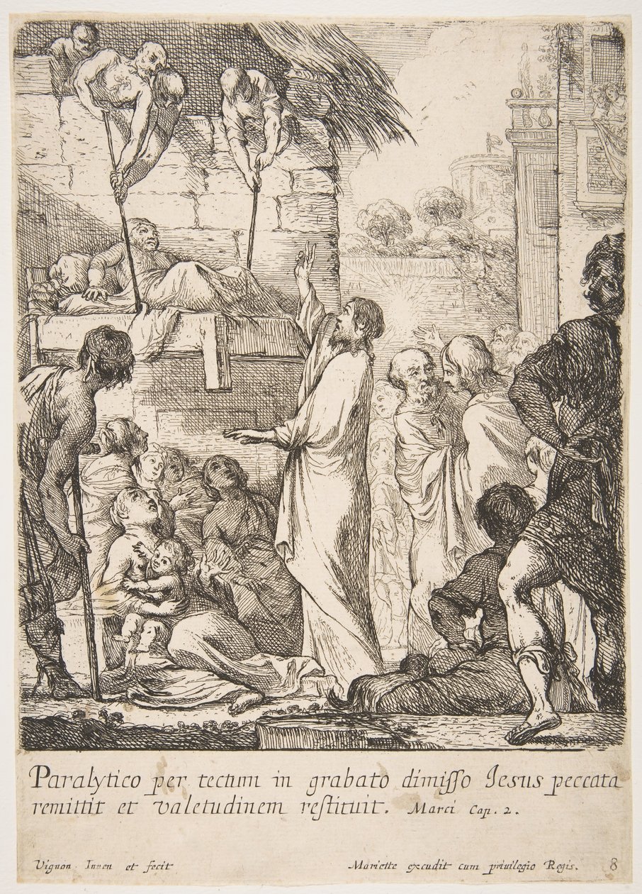 Genezing van de verlamde, Jezus-Christus bewijst door een verlamde te genezen dat hij de macht heeft om... door Claude Vignon