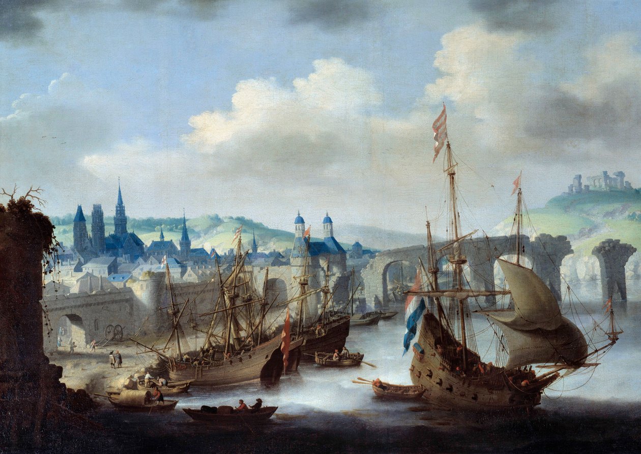 Uitzicht op de stad Rouen De schepen liggen aangemeerd aan de oevers van de Seine. Schilderij door Claude de Jongh door Claude de Jongh