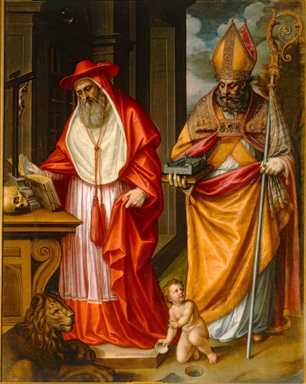 De heiligen Hiëronymus en Augustinus van Hippo, kerkvaders, met een model van het Escorial ... door Claudio Coello
