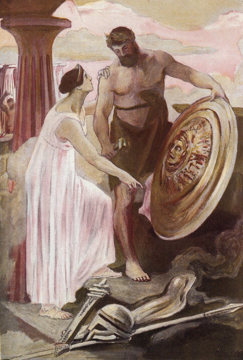 Het schild van Achilles gemaakt door Vulcanus. Illustratie door Clement Gontier (1876-1918) voor Homeros