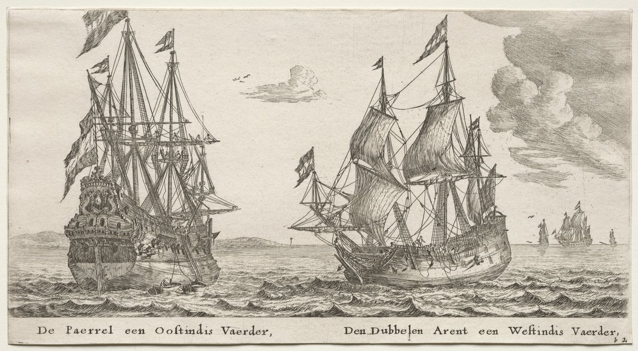 Verschillende schepen en uitzichten van Amsterdam (Verscheÿde Schepen en Gesichten van Amstelredam), Deel II: De Parel en Oost-Indiëvaarder, De Dubbele Adelaar, een West-Indiëvaarder door Clement de Jonghe