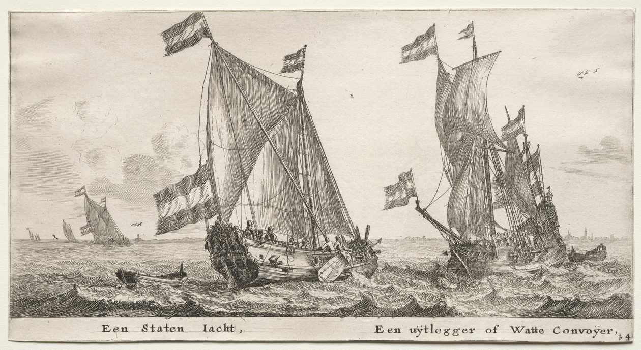 Verschillende schepen en uitzichten van Amsterdam, Deel II: Nederlandse Admiraliteitsjacht. Een Wachtschip door Clement de Jonghe
