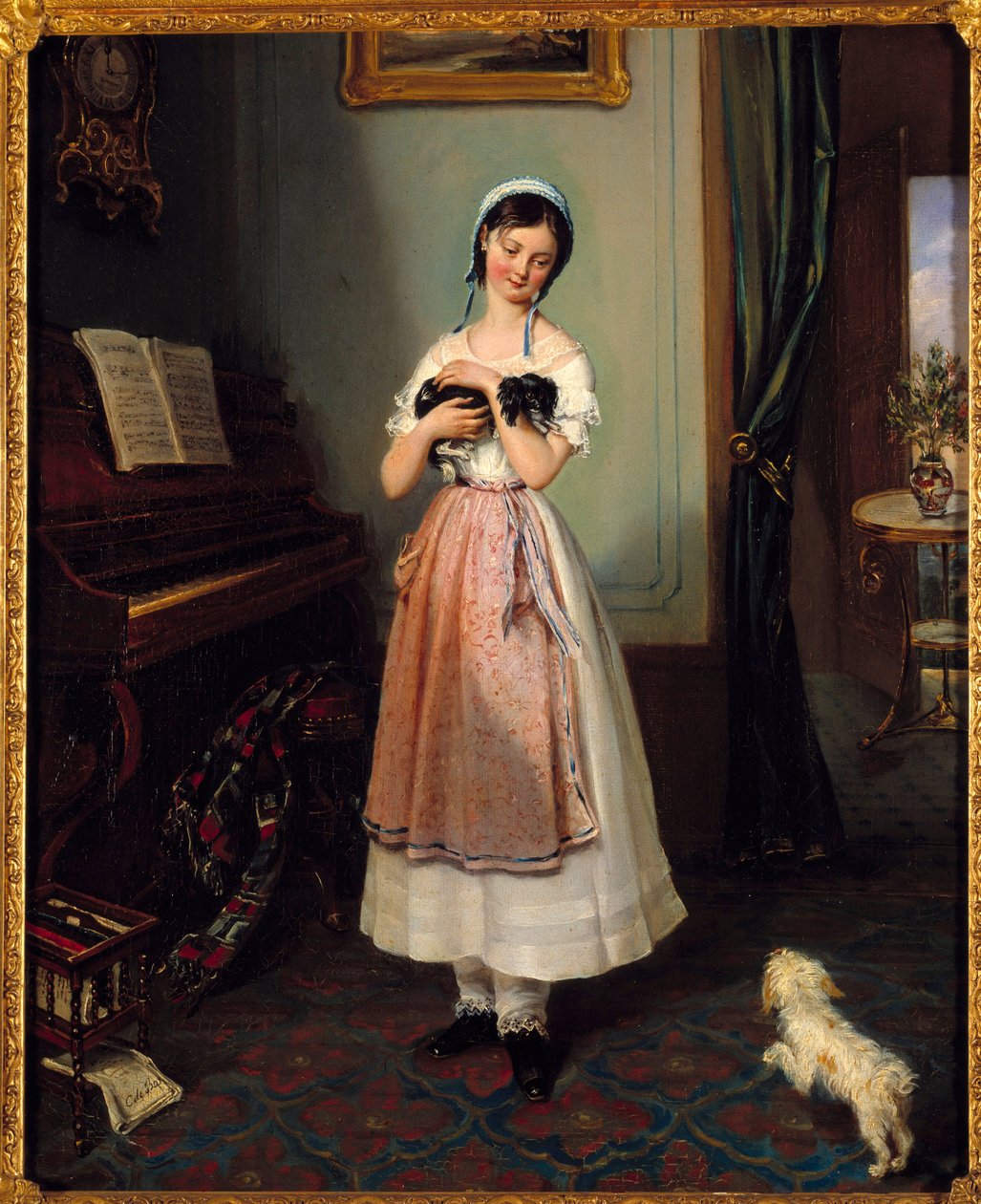 Een jong meisje in een bourgeois interieur met twee honden door Clementine de Bar