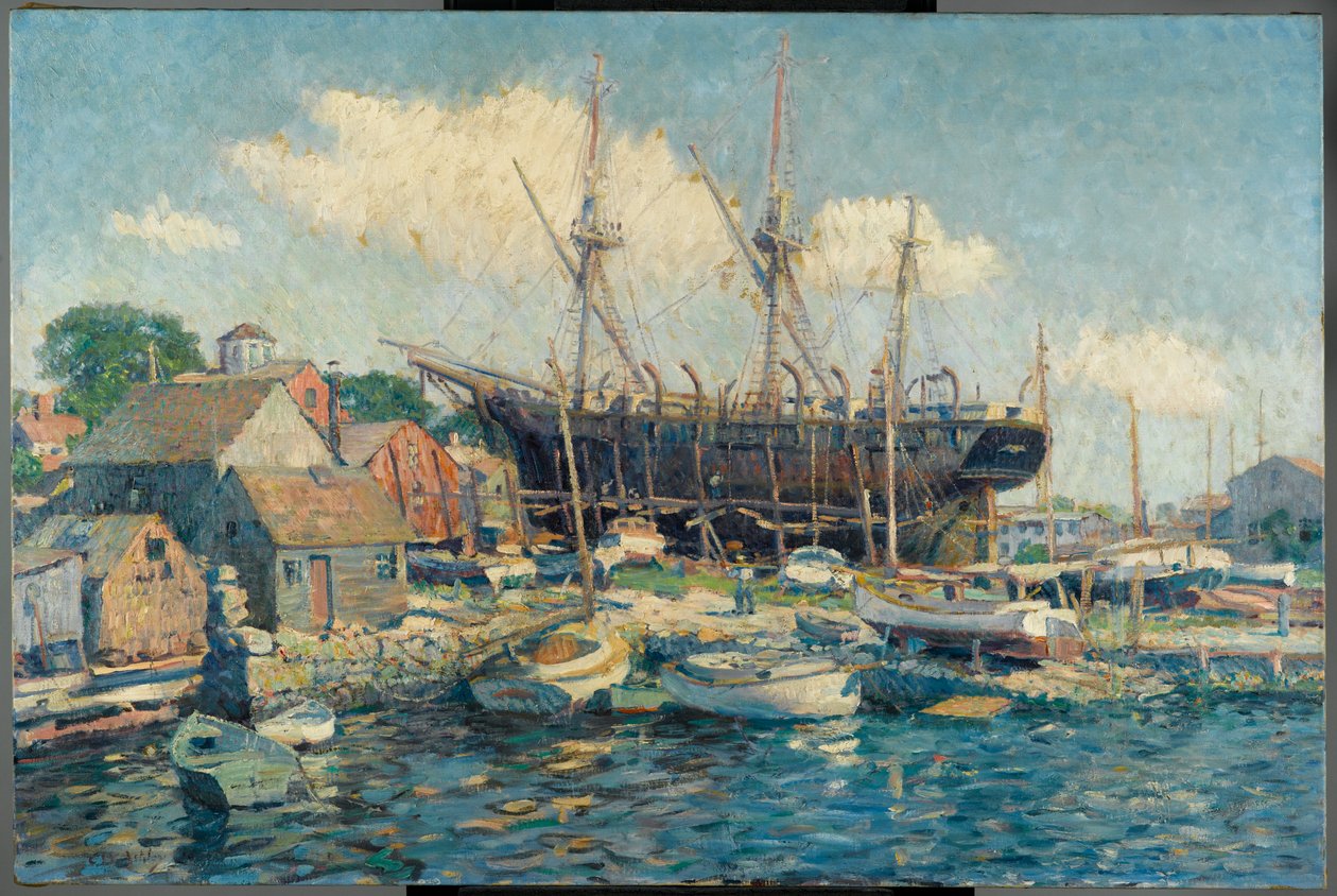 Een walvisvaartuig op de marinespoorlijn in Fairhaven door Clifford Warren Ashley