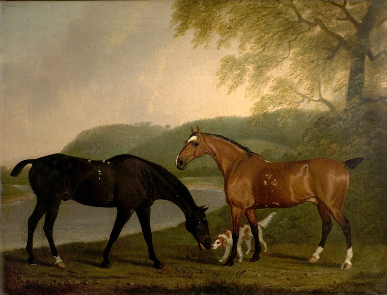 Paarden en hond in een landschap, ca. 1830 door Clifton Tomson