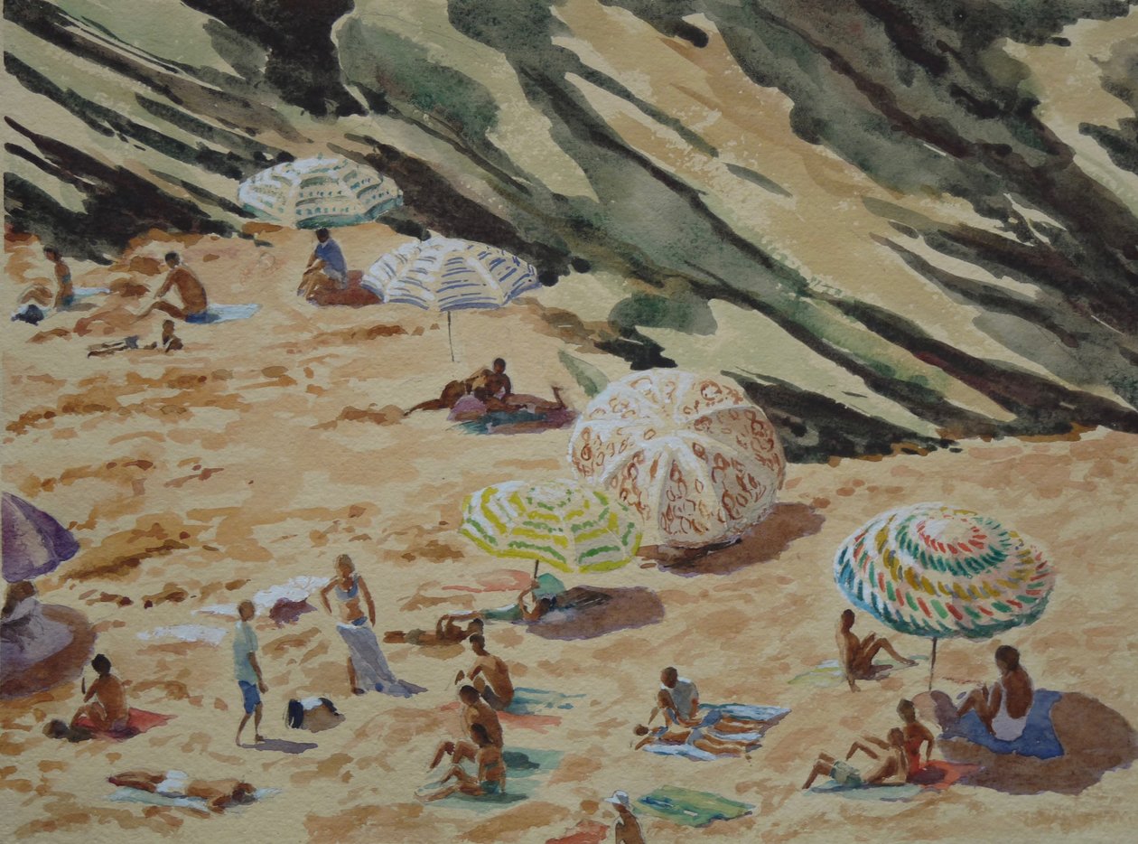 Strand, rotsen en parasols door Clive Wilson