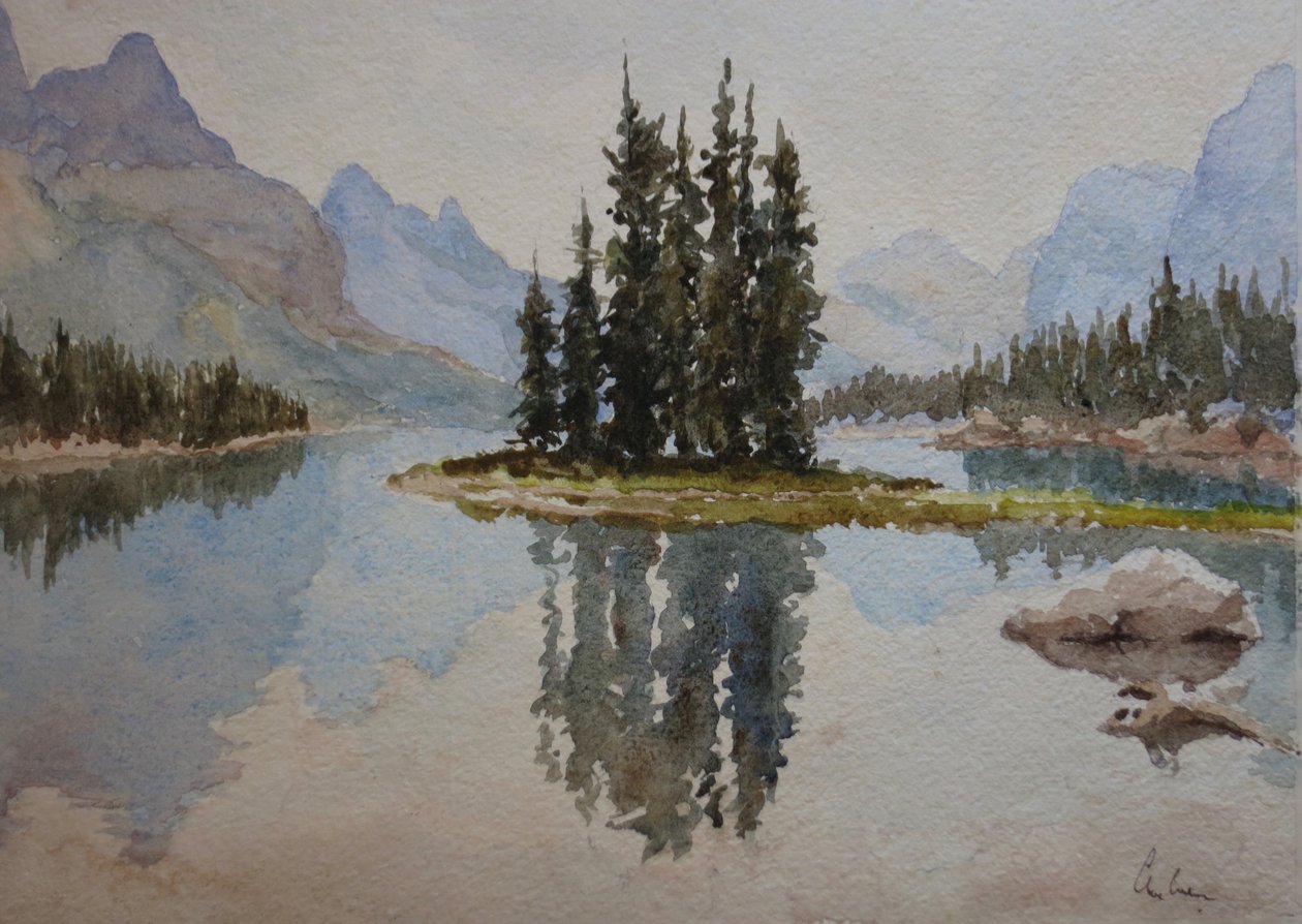 Spirit Island, Maligne Lake (1), 2016 (aquarel) door Clive Wilson