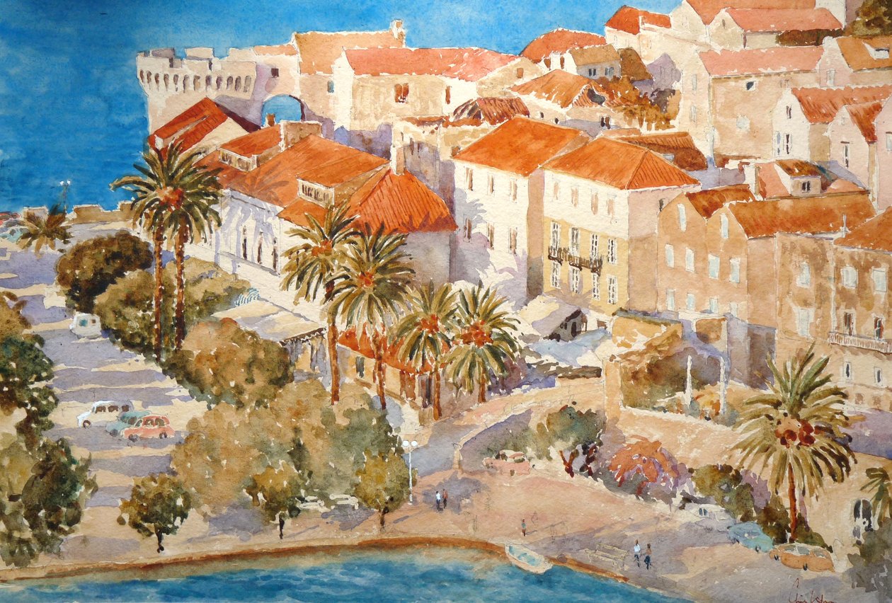 Zonsondergang, haven van Korçula, 2011 (aquarel) door Clive Wilson