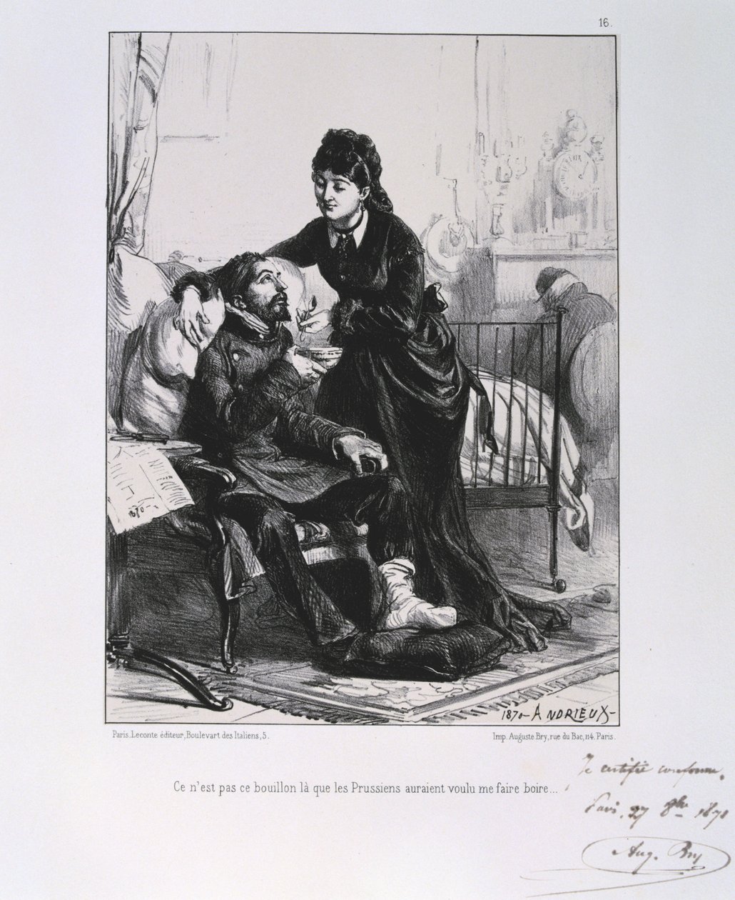Frans-Pruisische Oorlog 1870-1871: Een gewonde soldaat wordt verzorgd en gevoed. Uit een serie lithografieën door Clement August Andrieux over de Gardes Nationales. door Clément Auguste Andrieux