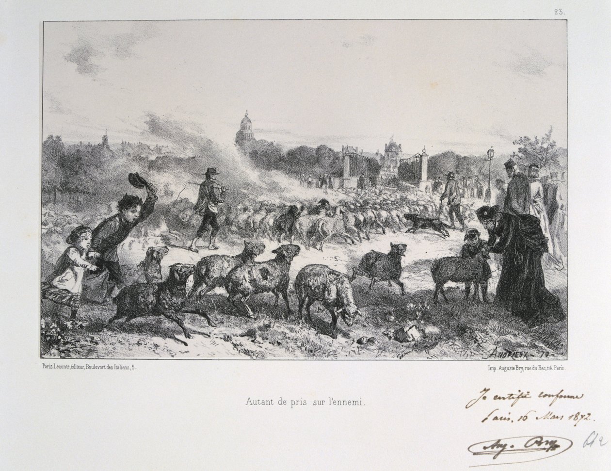 Frans-Duitse Oorlog 1870-1871: Het wegdrijven van een kudde schapen om te voorkomen dat ze in handen van de Pruisen vallen. Uit een serie litho