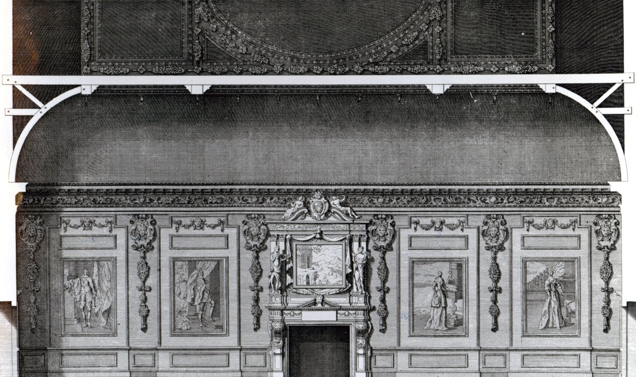Sectie van de Grote Eetkamer in Wilton, naar een ontwerp van Inigo Jones, gegraveerd door H. Hulsbergh, gepubliceerd in 