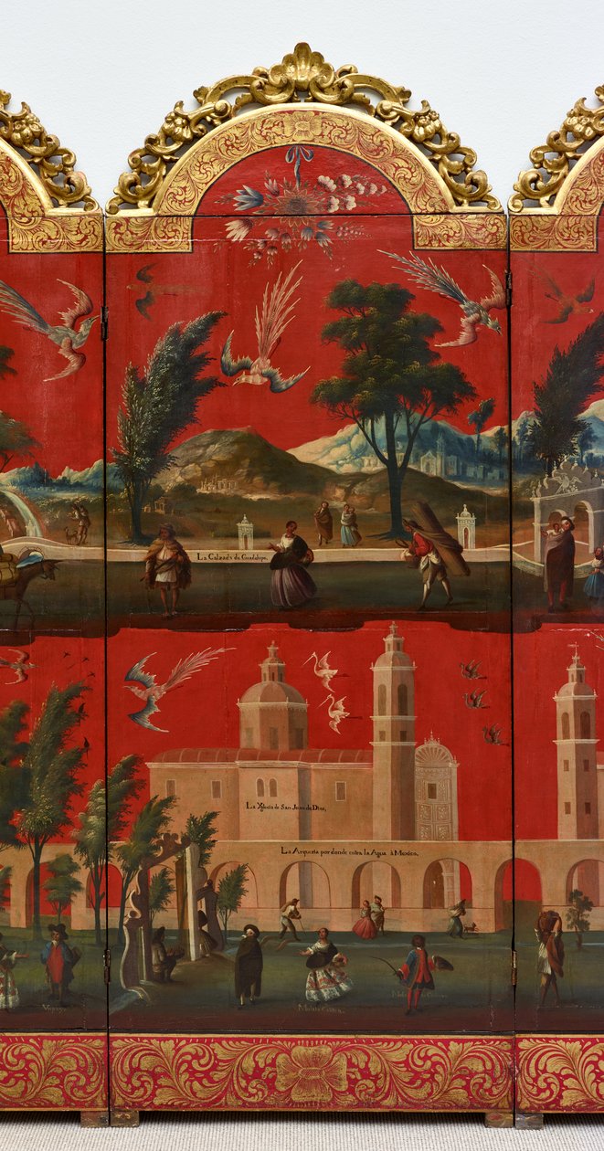 Biombo met uitzichten op Mexico-Stad door Colonial Spanish